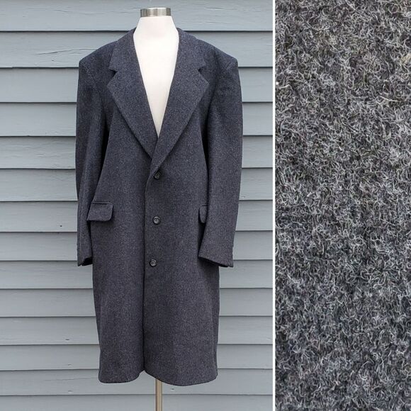 Vintage 80s Retro Preppy Acadamia Charcoal Gray Wool Long Mens Trench Coat XL - Picture 2 of 7